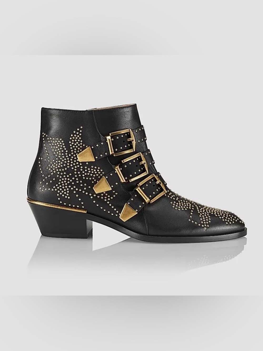 Chloe Susanna Black Studded Ankle Boots with Gold Accents size 39